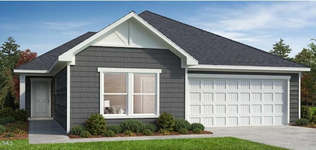 exterior space with driveway, a garage, and roof with shingles