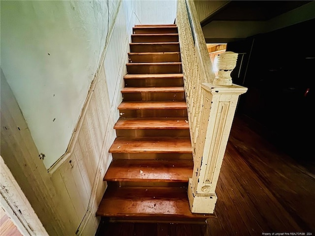 stairway featuring wood walls and hardwood / wood-style floors