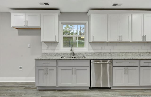 kitchen featuring sink, light stone countertops, white cabinets, and dishwasher