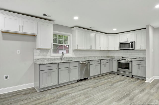 kitchen with stainless steel appliances, sink, light wood-type flooring, and decorative backsplash