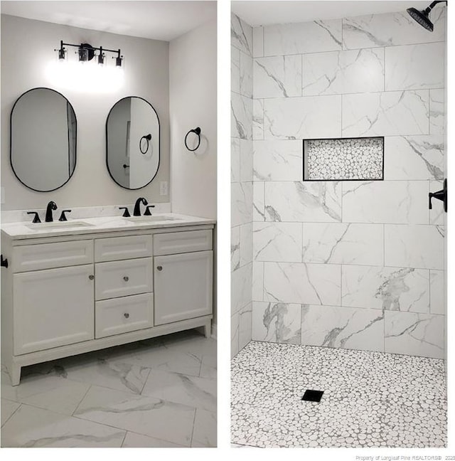 bathroom featuring vanity and a tile shower