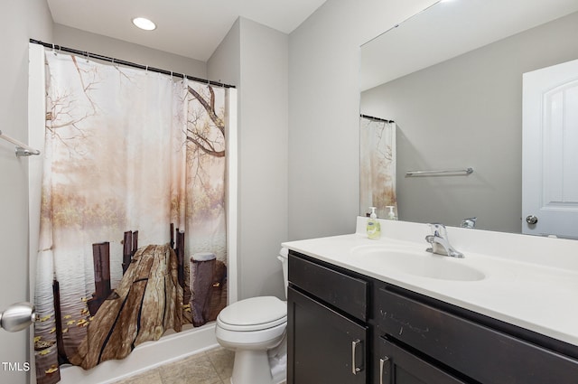 bathroom with tile patterned flooring, a shower with curtain, vanity, and toilet