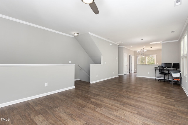 unfurnished living room with ornamental molding, ceiling fan with notable chandelier, and dark hardwood / wood-style flooring