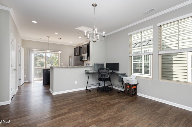 office area with dark wood-type flooring, ornamental molding, and a notable chandelier