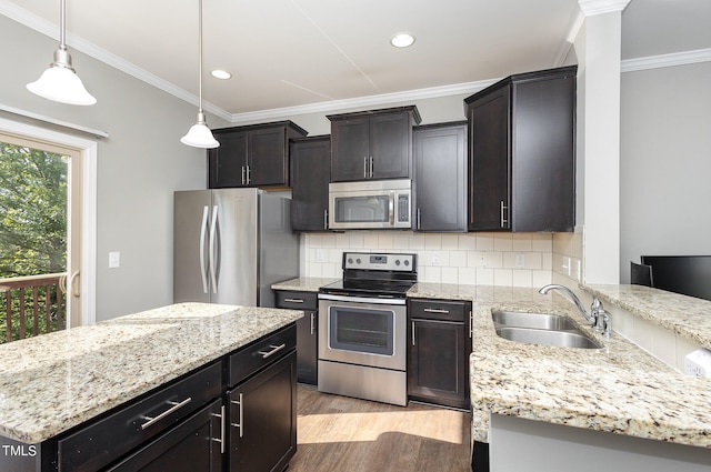 kitchen with sink, crown molding, light hardwood / wood-style flooring, appliances with stainless steel finishes, and decorative light fixtures