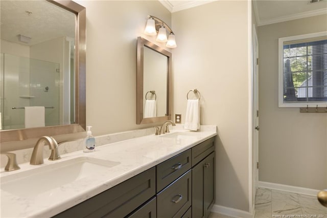 bathroom with crown molding, vanity, and an enclosed shower