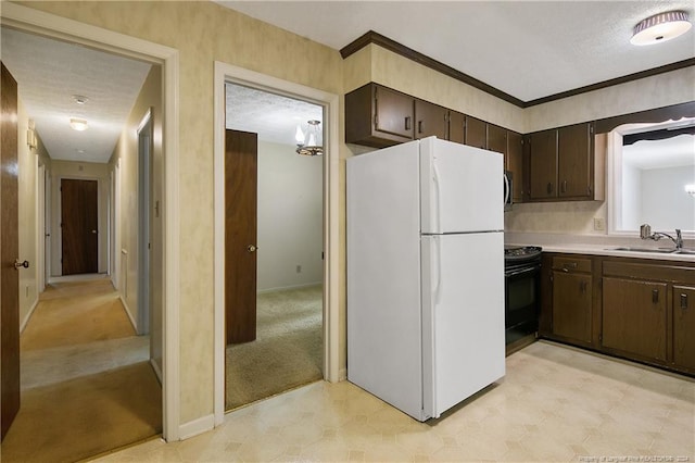 kitchen with dark brown cabinetry, black / electric stove, and white refrigerator