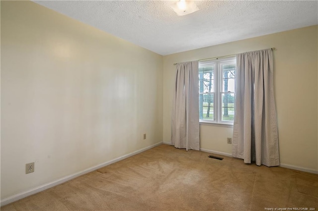 spare room featuring a textured ceiling and light colored carpet