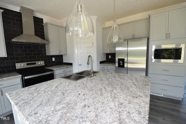 kitchen with backsplash, sink, wall chimney range hood, and stainless steel appliances