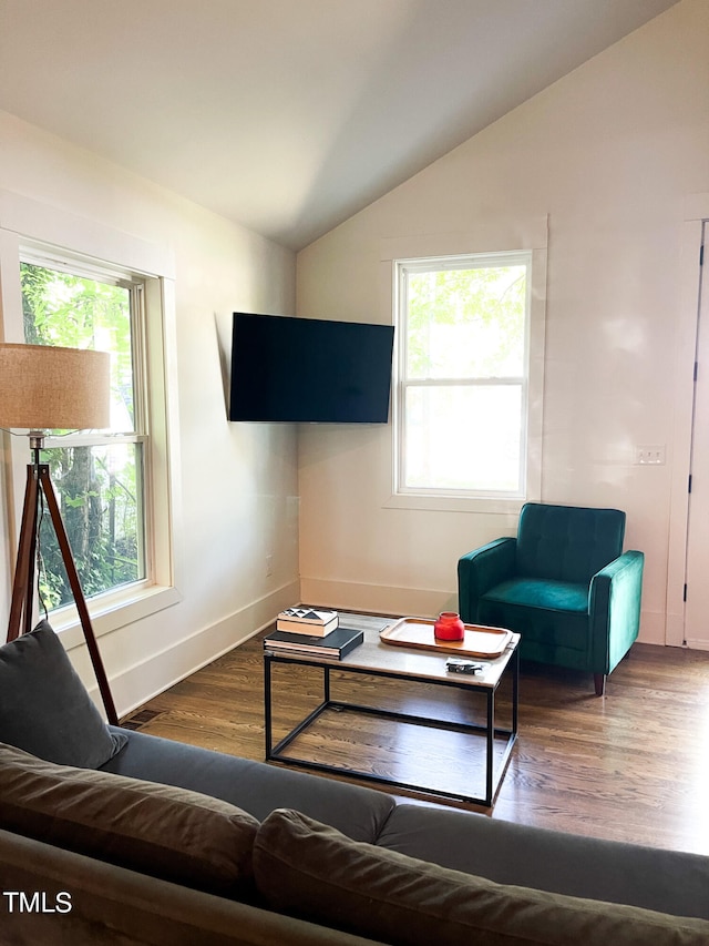 living room featuring hardwood / wood-style floors and vaulted ceiling