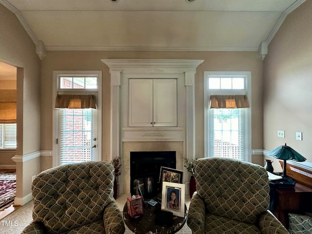 sitting room with ornamental molding and carpet