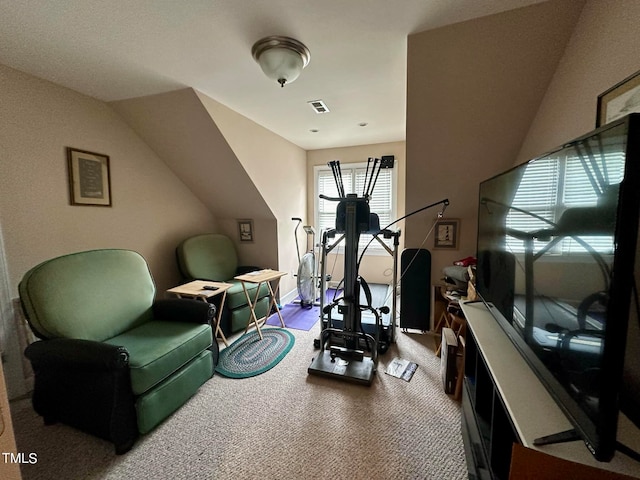 exercise room featuring carpet floors and vaulted ceiling