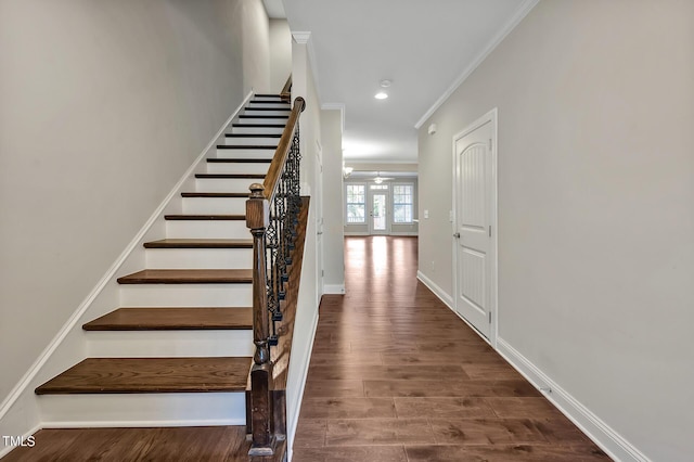 1215 Alston Forest Dr, Cary, NC 27519 - stairway with ornamental molding, wood finished floors, recessed lighting, and ceiling fan