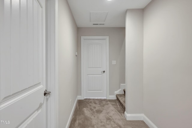 1215 Alston Forest Dr, Cary, NC 27519 - hallway with light carpet, attic access, and stairs