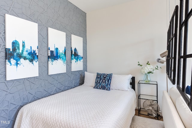 bedroom with tile walls