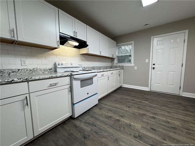 kitchen featuring light stone counters, white cabinets, dark hardwood / wood-style flooring, and electric stove