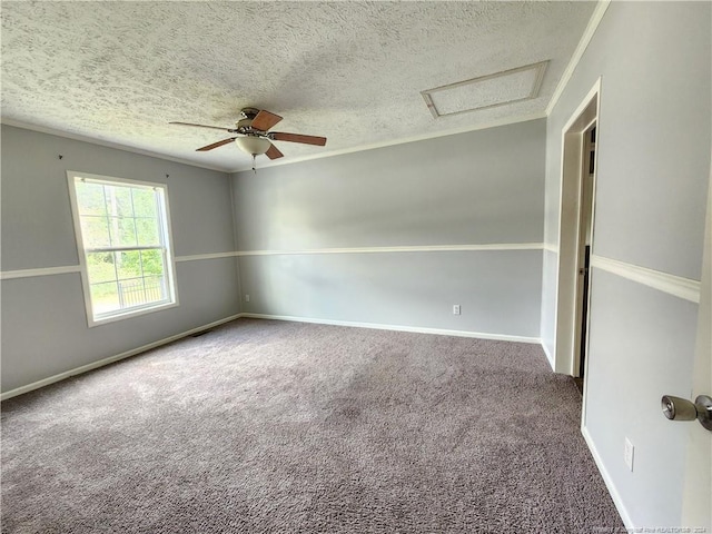 unfurnished room featuring ceiling fan, carpet floors, and a textured ceiling