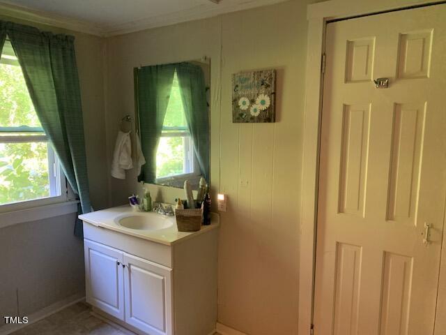 bathroom with baseboards, a wealth of natural light, crown molding, and vanity
