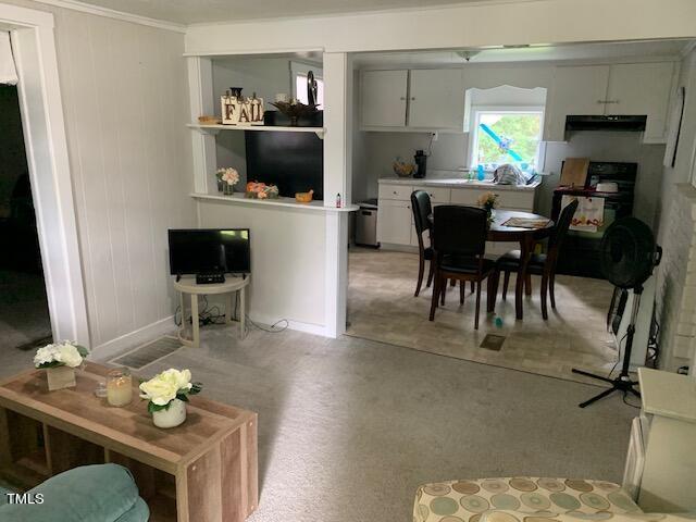 living area with crown molding, baseboards, and light floors