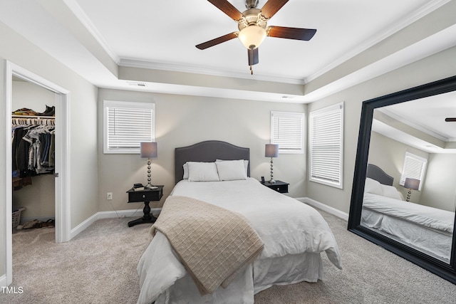 carpeted bedroom featuring multiple windows, a tray ceiling, a walk in closet, and ornamental molding