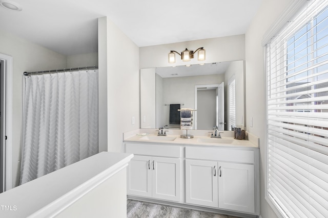 bathroom featuring vanity and hardwood / wood-style flooring