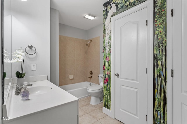 full bathroom with vanity, tile patterned floors, toilet, and shower / tub combo with curtain