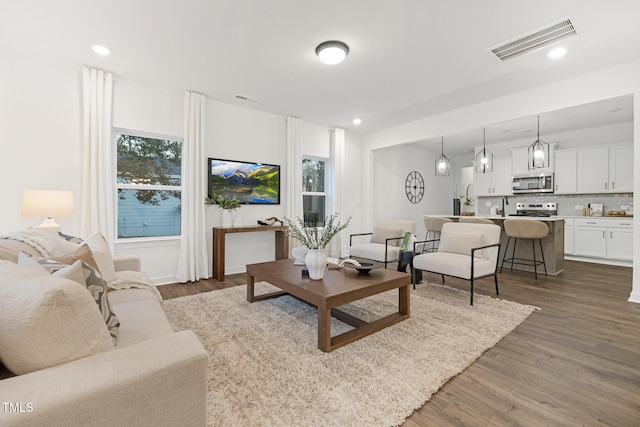 living room featuring dark hardwood / wood-style flooring