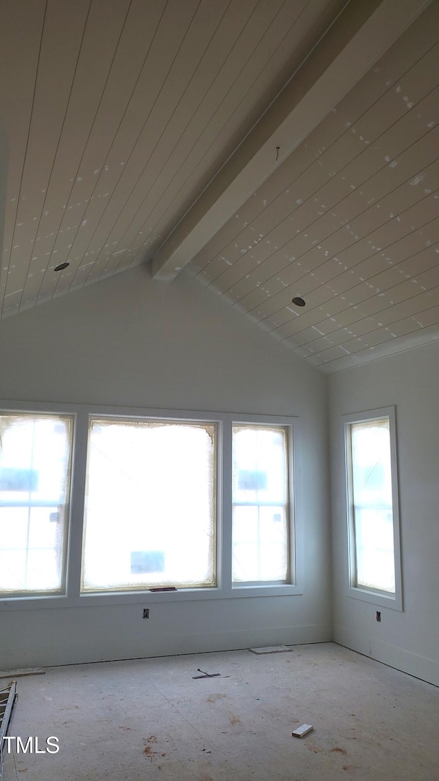 empty room featuring lofted ceiling with beams