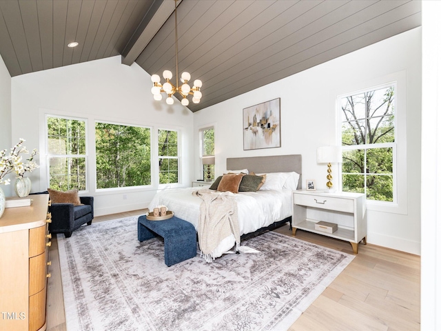 144 W Beech Slope Ct, Chapel Hill, NC 27517 - bedroom featuring an inviting chandelier, recessed lighting, baseboards, vaulted ceiling with beams, and wood finished floors