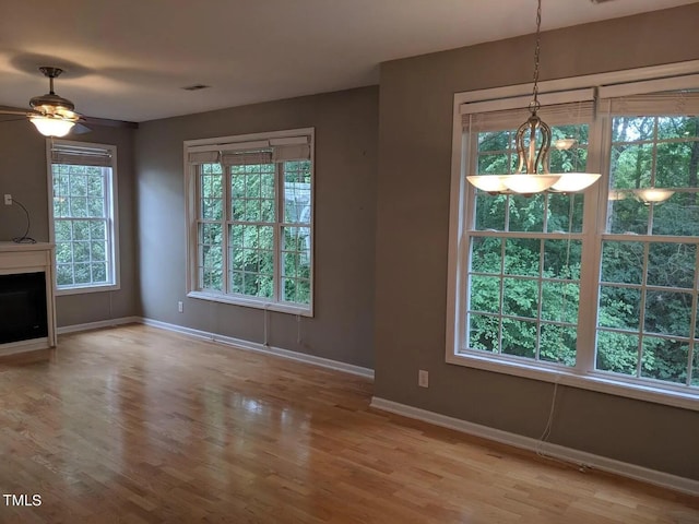 unfurnished living room featuring ceiling fan, light wood-type flooring, and plenty of natural light