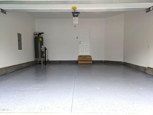 garage with electric panel, water heater, baseboards, and a garage door opener