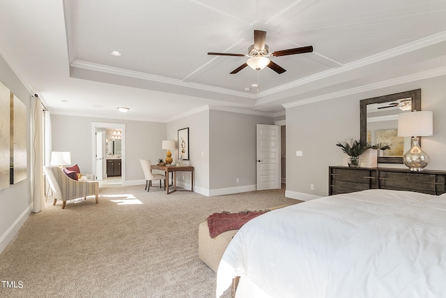 carpeted bedroom with a raised ceiling, ceiling fan, and crown molding