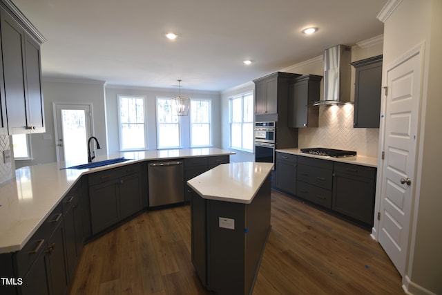 kitchen featuring stainless steel appliances, dark hardwood / wood-style flooring, wall chimney exhaust hood, a kitchen island, and sink