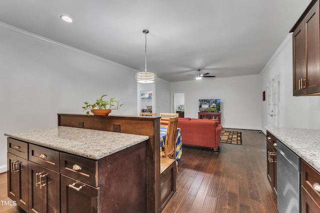 kitchen with pendant lighting, dark brown cabinets, dishwasher, dark hardwood / wood-style floors, and a kitchen island