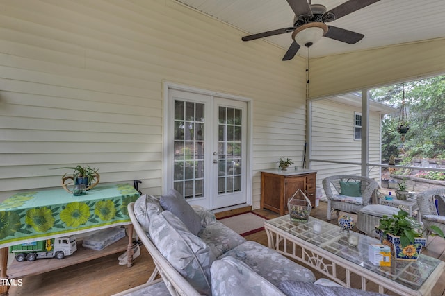 view of patio with an outdoor hangout area, ceiling fan, and french doors