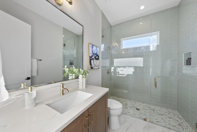 701 Dartmouth Rd, Raleigh, NC 27609 - bathroom with vanity, toilet, and a stall shower