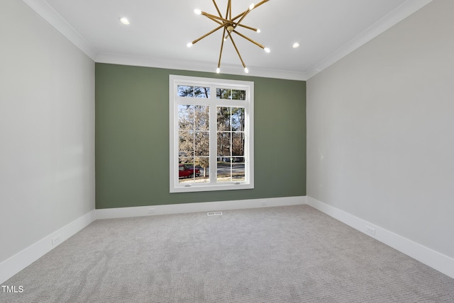 701 Dartmouth Rd, Raleigh, NC 27609 - carpeted spare room featuring ornamental molding, a chandelier, recessed lighting, and baseboards