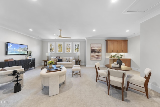 701 Dartmouth Rd, Raleigh, NC 27609 - living room with light colored carpet, baseboards, attic access, recessed lighting, and crown molding