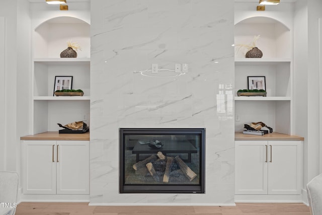 701 Dartmouth Rd, Raleigh, NC 27609 - detailed view of built in features, wood finished floors, and a high end fireplace