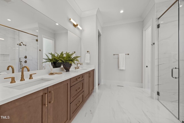 701 Dartmouth Rd, Raleigh, NC 27609 - bathroom featuring marble tiled flooring, crown molding, double vanity, a marble finish shower, and recessed lighting