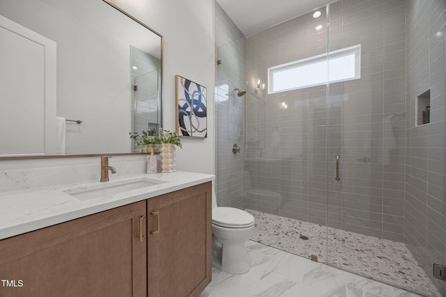 701 Dartmouth Rd, Raleigh, NC 27609 - bathroom with vanity, a stall shower, and marble finish floors