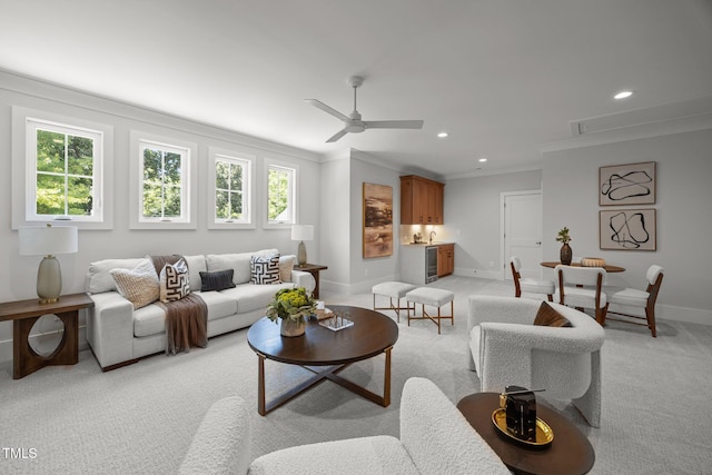 701 Dartmouth Rd, Raleigh, NC 27609 - living room featuring light carpet, recessed lighting, crown molding, a ceiling fan, and attic access
