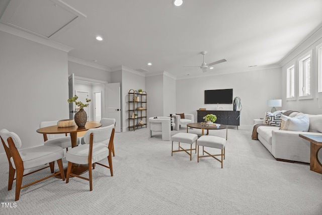701 Dartmouth Rd, Raleigh, NC 27609 - living room featuring recessed lighting, ornamental molding, light carpet, and ceiling fan