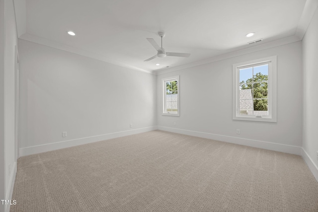 701 Dartmouth Rd, Raleigh, NC 27609 - empty room with ornamental molding, light carpet, a ceiling fan, and recessed lighting