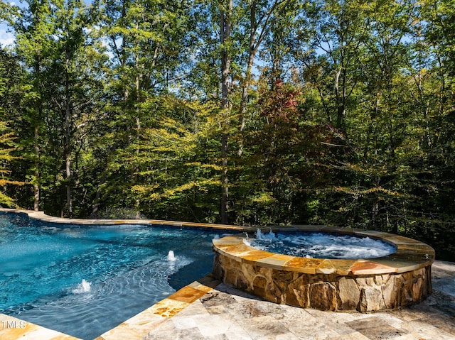 view of pool with pool water feature and an in ground hot tub