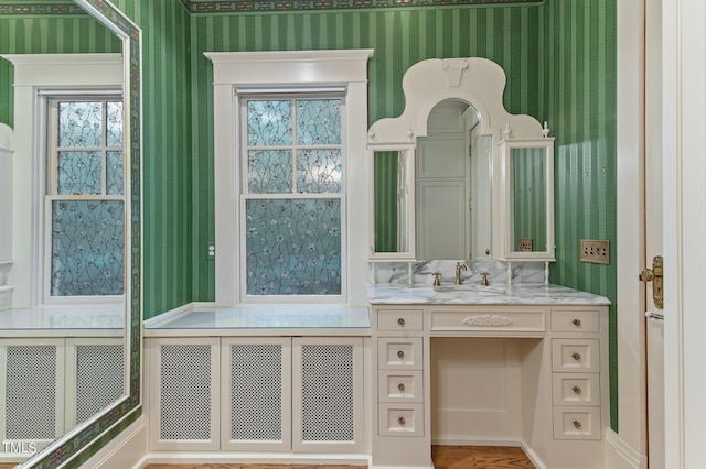 3105 Cone Manor Ln, Raleigh, NC 27613 - bathroom featuring wallpapered walls and vanity