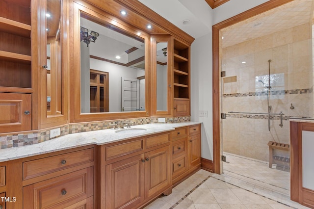 3105 Cone Manor Ln, Raleigh, NC 27613 - bathroom with inlaid floor details, vanity, a stall shower, recessed lighting, and tile patterned flooring