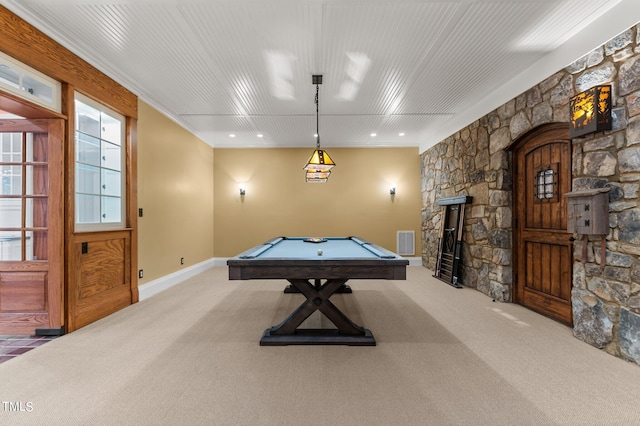 game room featuring carpet flooring and pool table