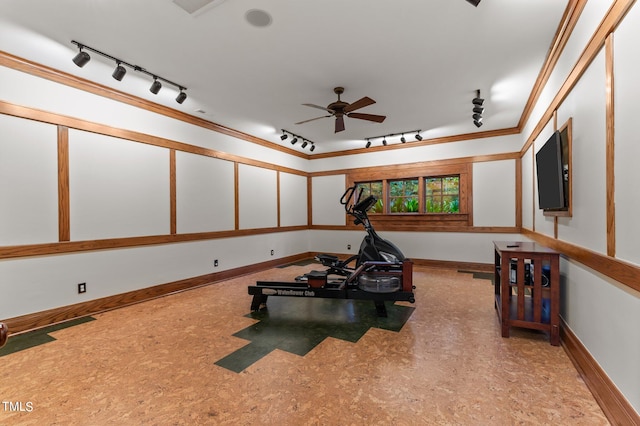 workout room featuring ceiling fan, light carpet, track lighting, and ornamental molding