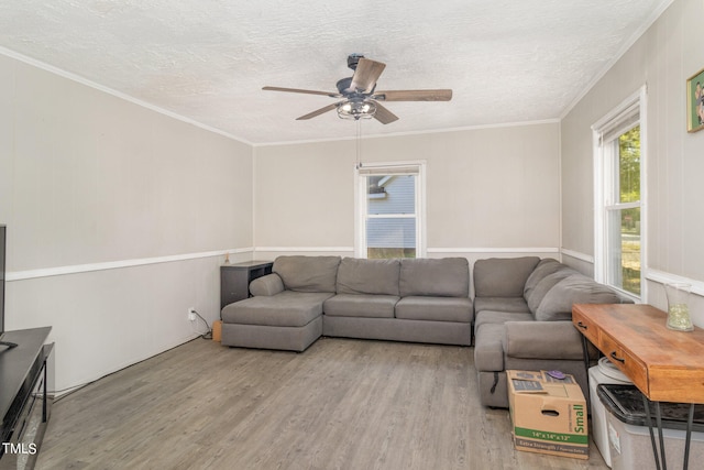 living room with light wood-type flooring, crown molding, a textured ceiling, and ceiling fan